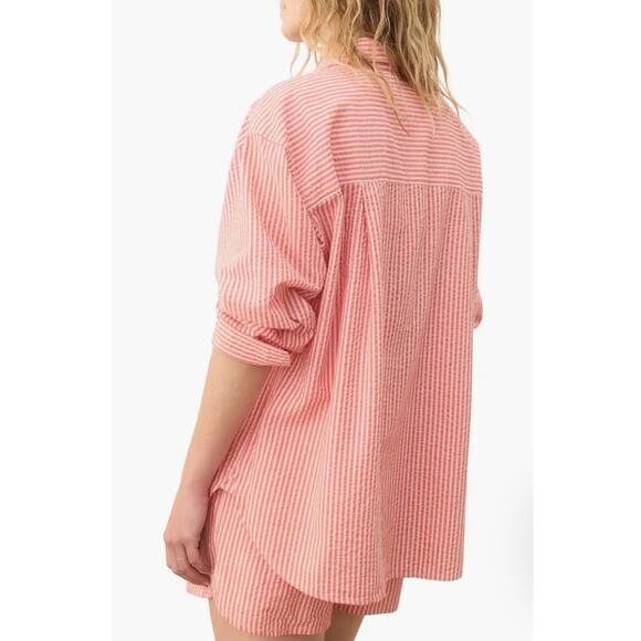 Marine Layer Top Gracey Seersucker Button Up Striped Shirt Orange Beige Medium - Picture 2 of 11